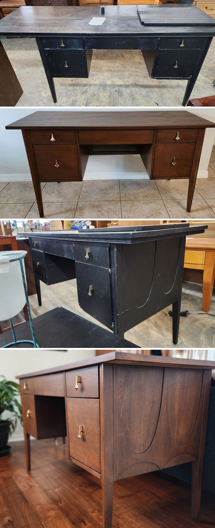 Before and after images of a landlord special desk restoration showing furniture restored to original glory.