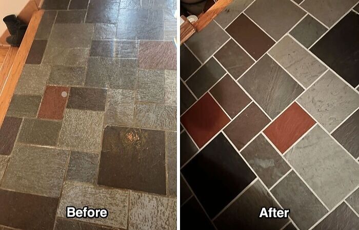 Before and after restoration of a multicolored tile floor showing cleaning and grout renewal for original glory.