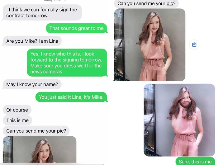 Text message exchange showing a clever response to a scammer requesting a photo, with real and altered images.