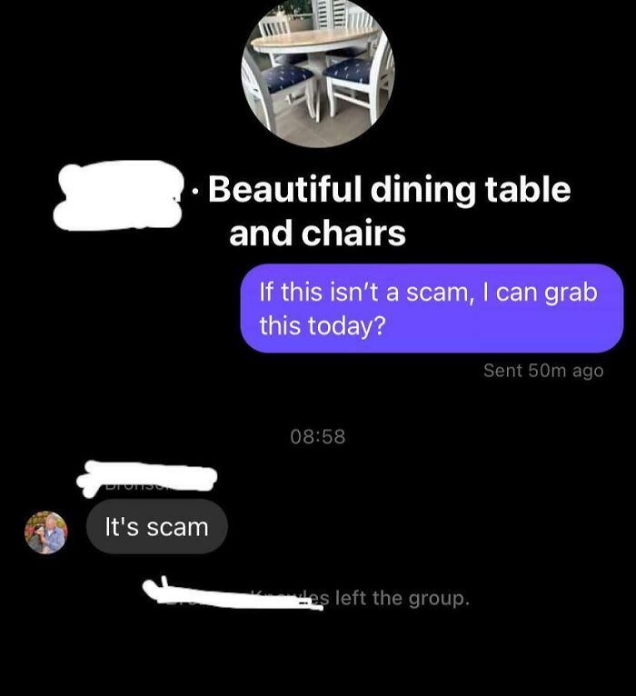 Screenshot of a chat about a dining table with a user questioning if the offer is a scam in a scammer response thread.