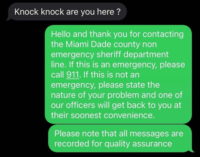 Text message exchange showing a clever response to a scammer with a fake sheriff department message.