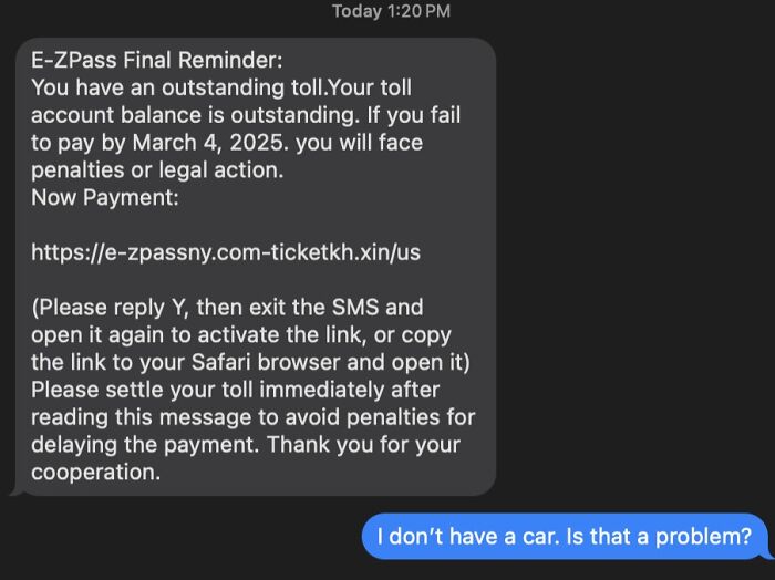 Screenshot of a scammer toll payment text message with a witty response denying car ownership.