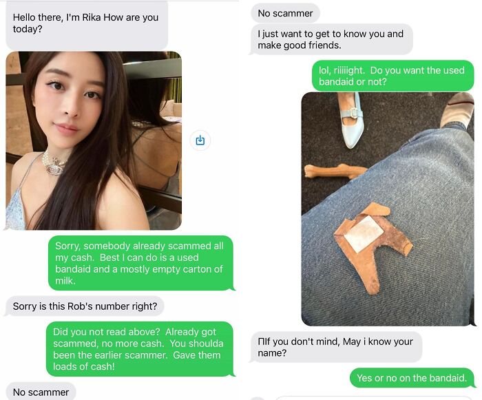 Screenshot of a text conversation showing clever responses to scammers involving a used bandaid and milk carton.