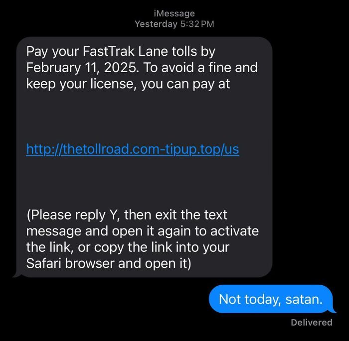 Screenshot of a scam text about toll payments and a witty response rejecting the scam message.