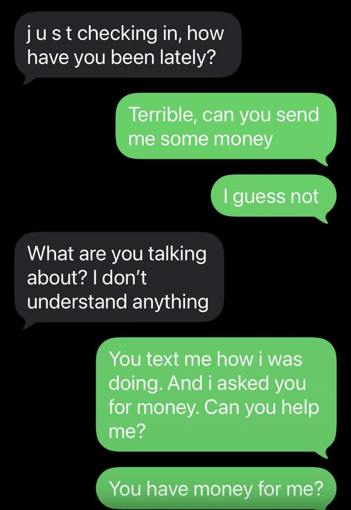 Text message exchange showing a sarcastic response to a scammer asking for money in a casual conversation.