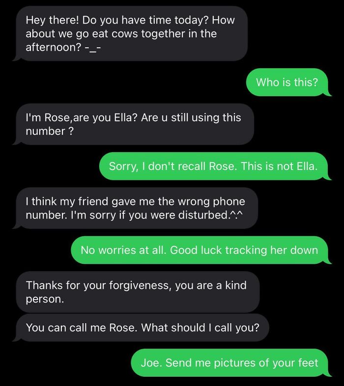 Text message exchange showing witty and humorous responses during an interaction with a potential scammer.