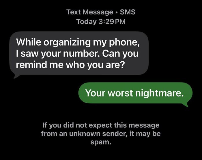 Text message exchange showing a witty scammer reply as a best response to an unknown number spam attempt.