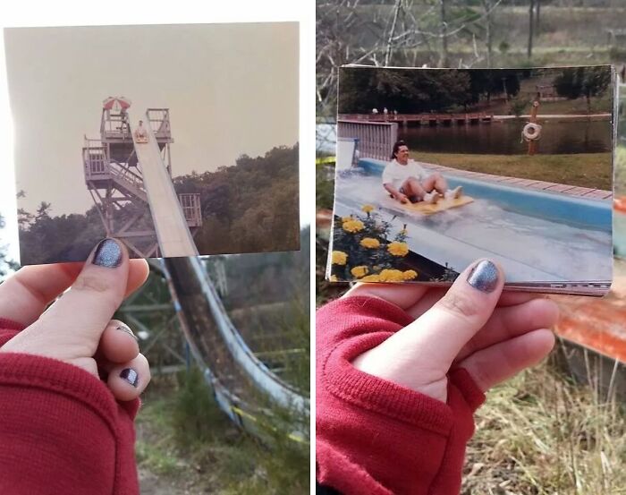Two vintage 1980s photos of people enjoying water slides, held up against the background of the same slides outdoors.