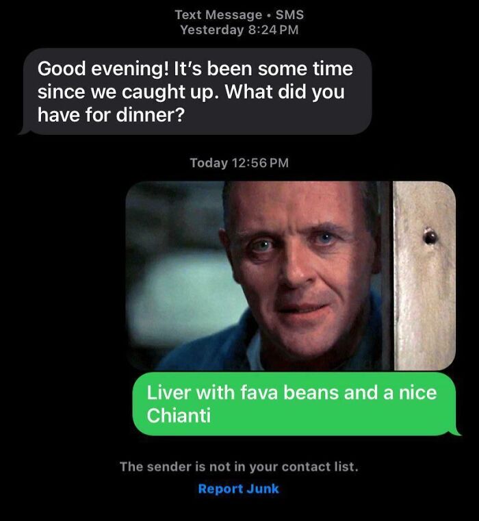 Text message exchange with a scammer includes a famous movie quote and image as a clever response to scammers.