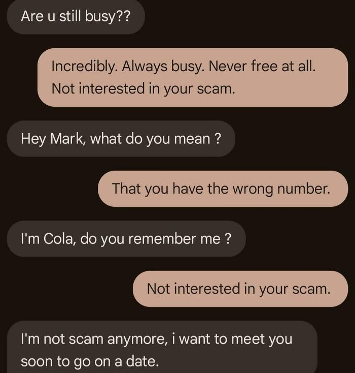 Text message exchange showing witty responses rejecting a scammer with humor and clear refusal of scam attempts.
