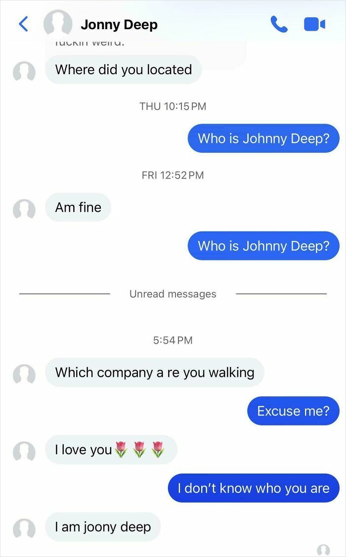 Text conversation showing a confused response to a scammer pretending to be Johnny Deep in scammer replies.