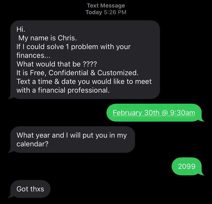 Text exchange showing a clever response to a scammer offering financial advice, highlighting witty scammer comebacks.