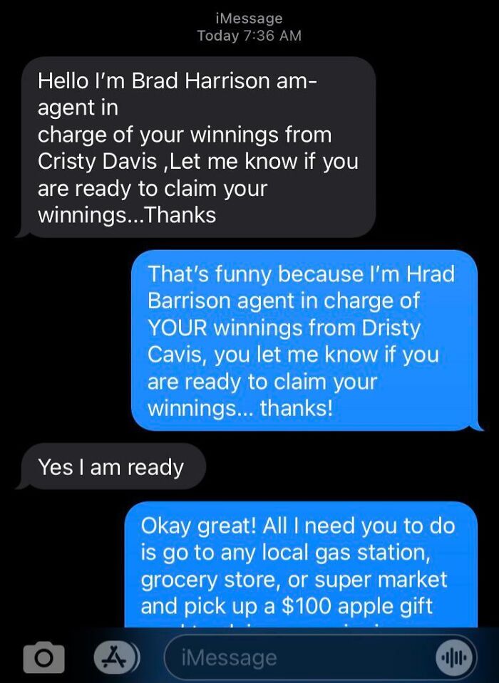 Text message exchange showing a humorous response to a scammer claiming fake winnings from a fake agent.