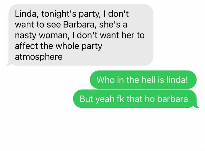 Text message exchange showing a sarcastic response to a scammer’s attempt to cancel a party guest named Barbara.