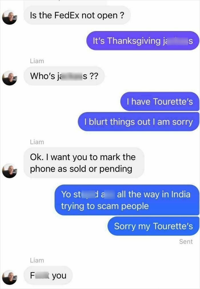 Text message exchange showcasing the best responses for scammers using humor and mentioning Tourette’s syndrome.