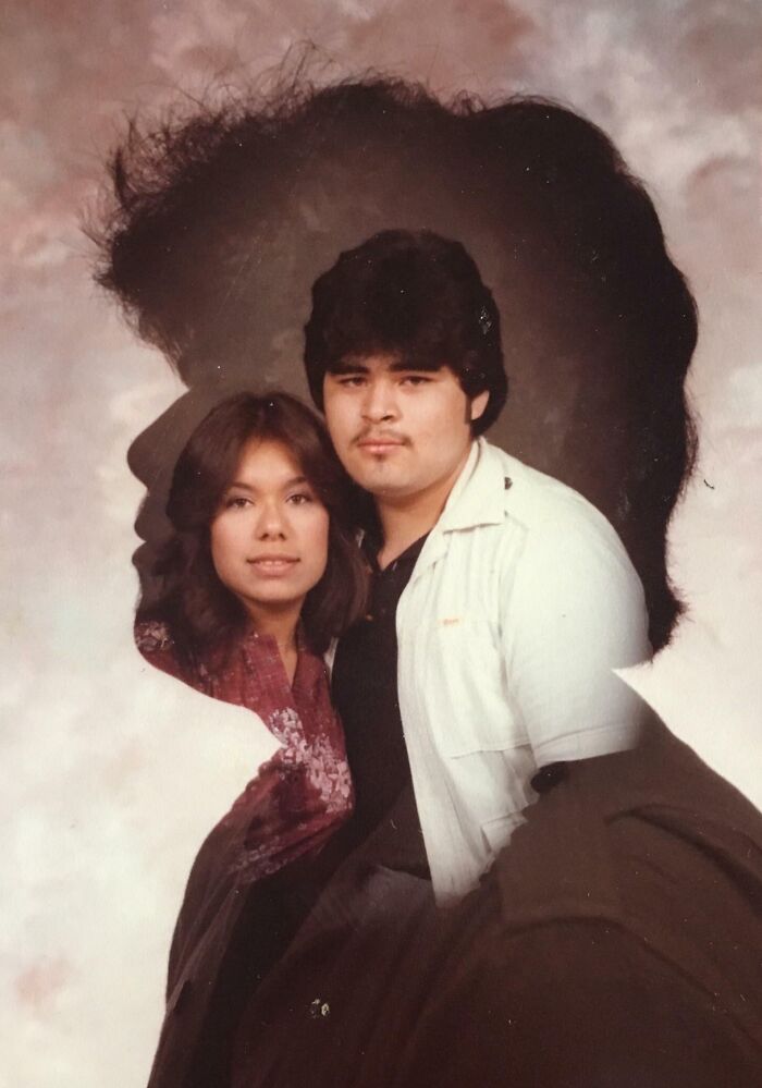 1980s couple portrait photo with creative double exposure effect, capturing the wild and wonderful vibe of the decade.
