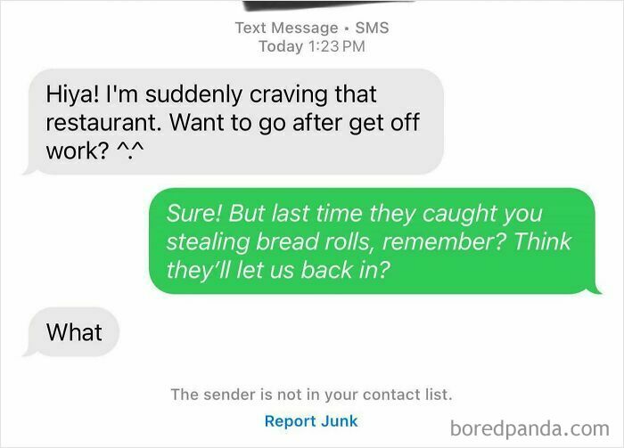 Text message exchange showing a witty response to a scammer pretending to invite someone to a restaurant.