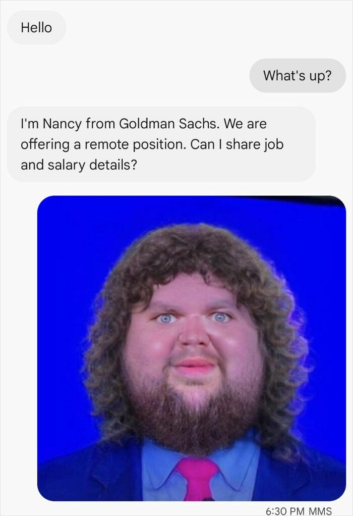 Text message exchange showing a scammer offering a remote job, paired with a humorous image mocking scammers.