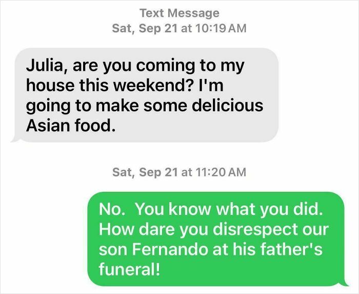 Text message exchange showing a humorous scammer response involving disrespect at a funeral and family drama.