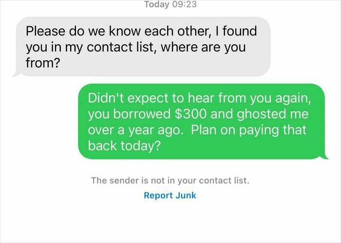 Text conversation showing a witty response to a scammer about repaying a $300 loan after ghosting.