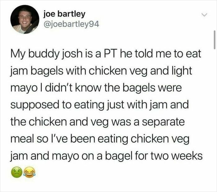 Screenshot of a really dumb tweet about confusing jam bagels with chicken, veg, and mayo as one meal.