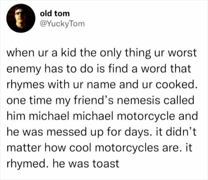 Tweet about childhood enemies using rhymes to insult friends, a funny example from really dumb tweets that will make you laugh.