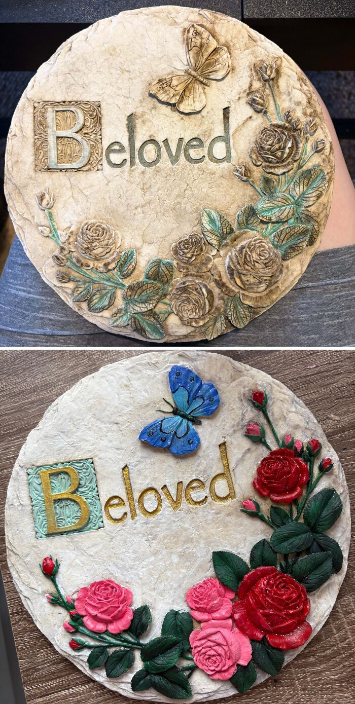 Before-and-after restoration of a decorative beloved plaque with butterfly and rose details to original vibrant colors.