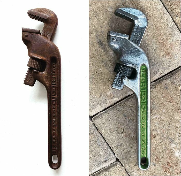 Before-and-after image of a restored pipe wrench showing rust removal and metal polishing for landlord special restoration.