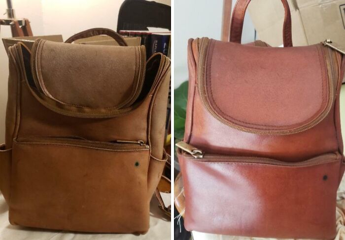 Before and after restoration of a leather backpack showing the transformation back to its original glory.