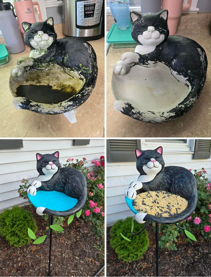 Before and after restoration of cat-shaped decorative bowls showing cleaning and repainting bringing them to original glory.