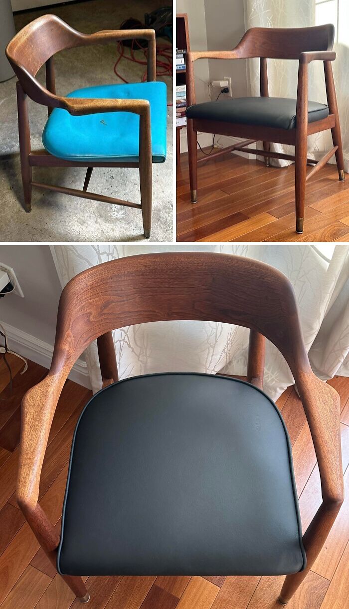 Before and after restoration of a mid-century wooden chair with new black upholstery and polished wood finish.