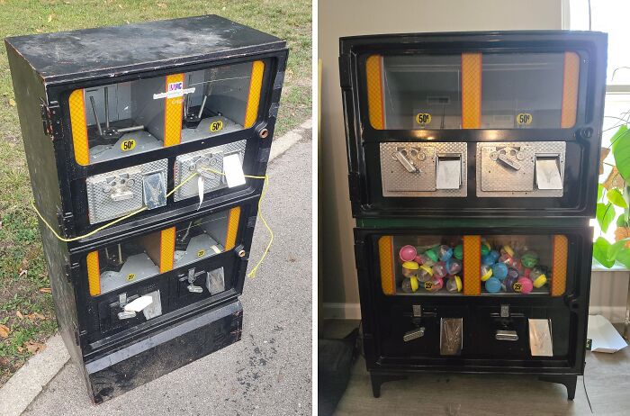 Vintage vending machine before and after restoration showing it restored to original glory in landlord special series
