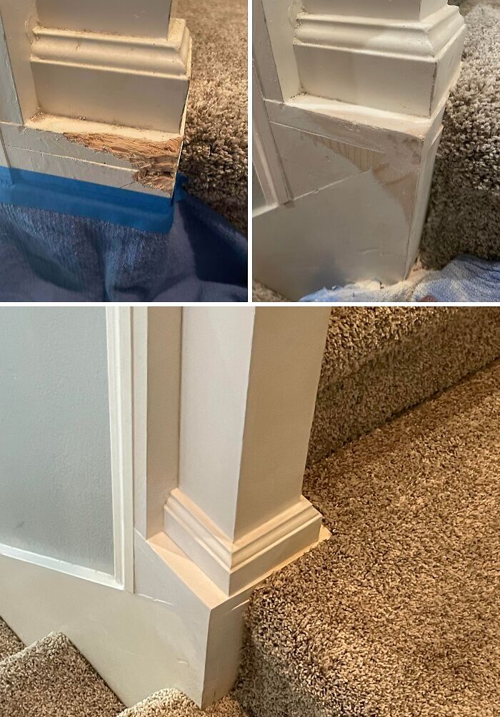 Before and after restoration photos showing a damaged and then repaired stairway corner on carpeted stairs.