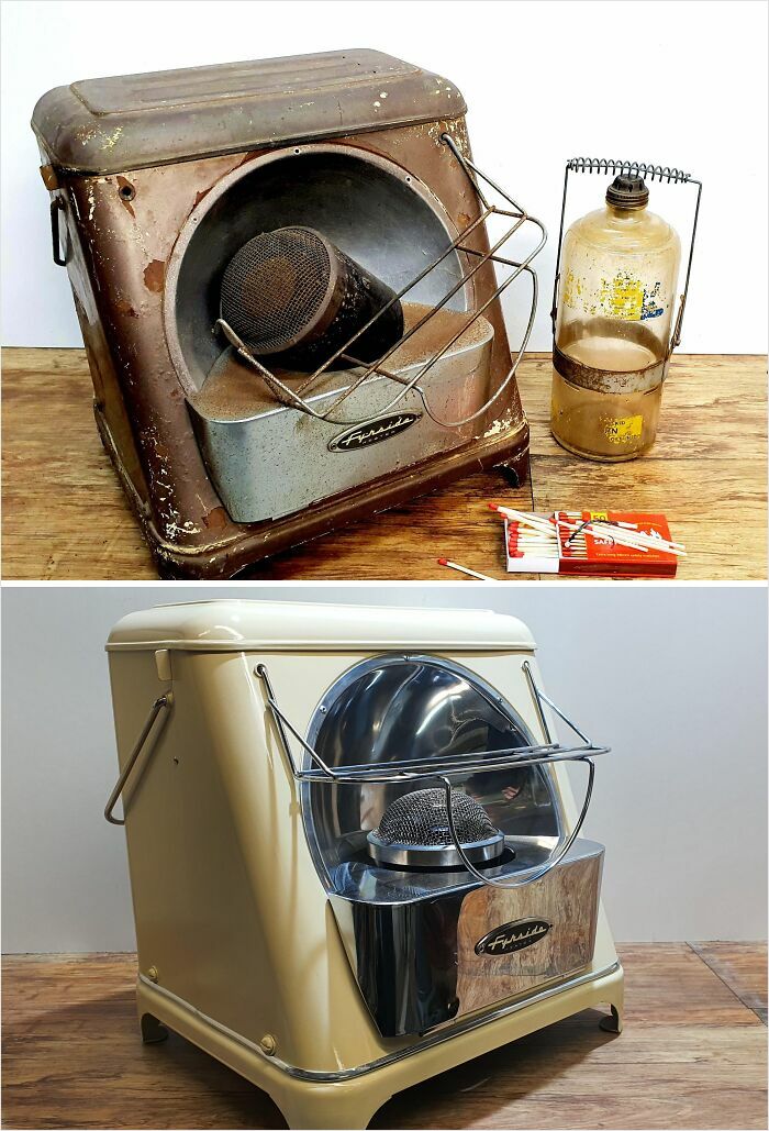 Before and after restoration photos of a vintage heater showing its transformation to original glory.