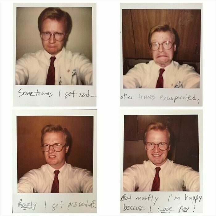 Polaroid photos of a man in 1980s attire showing different emotions with handwritten captions reflecting 1980s wild and weird vibes.