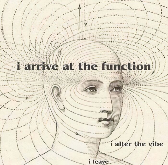 Abstract head illustration with swirling lines and text phrases creating a confusing image where things only get weirder the longer you look.