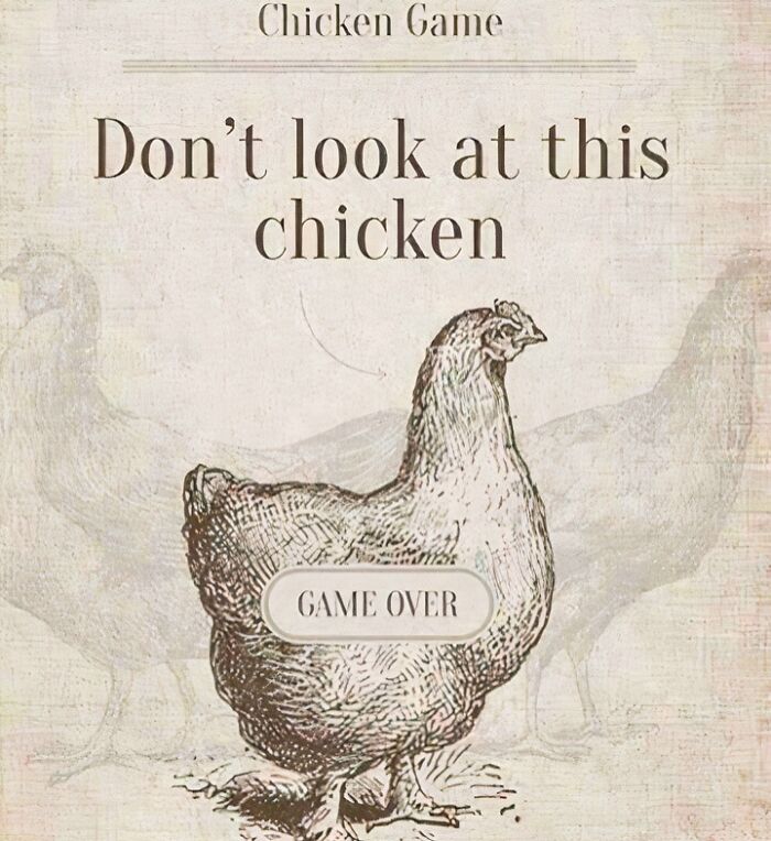 Illustration of a chicken with text warning not to look at it, a confusing image where things only get weirder.