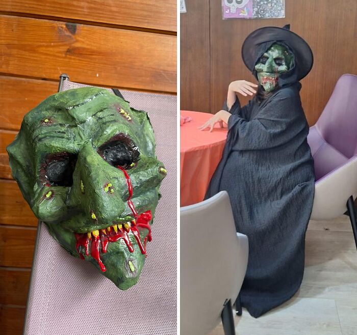 Green zombie mask with fake blood next to person in a black cloak and witch hat for Halloween fails.