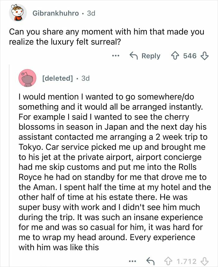 Reddit thread showing a woman describing the surreal luxury lifestyle dating a billionaire two decades older than her.
