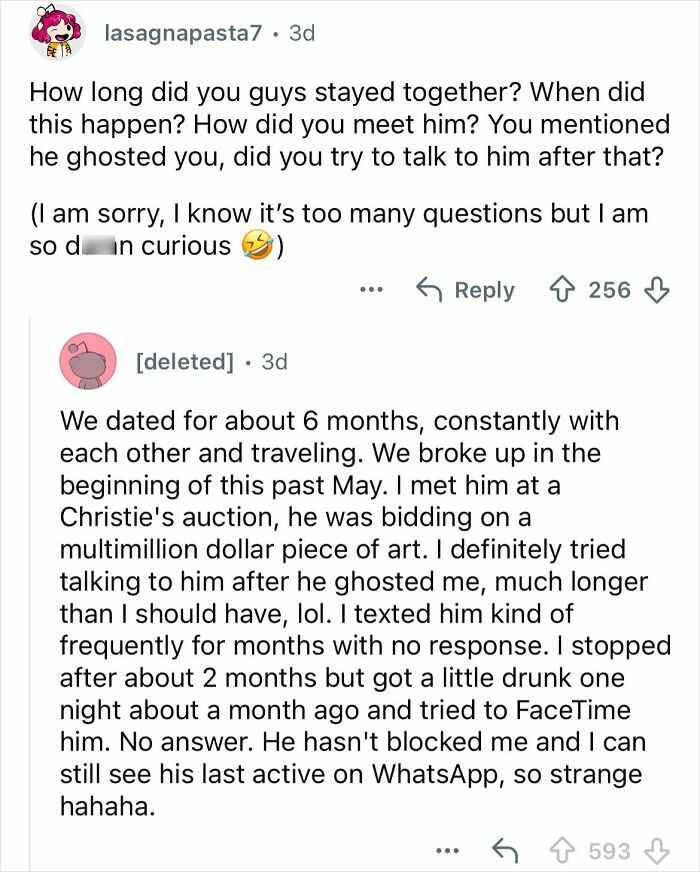 Screenshot of a conversation about dating a billionaire 20 years older, describing relationship details and ghosting experience.