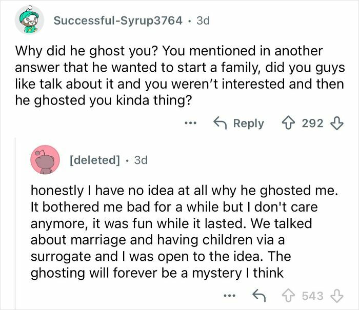 Reddit conversation where a woman discusses dating a billionaire 20 years older, sharing insights on lifestyle and ghosting experience.