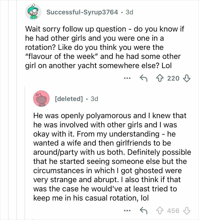 Reddit conversation about dating a billionaire, discussing his polyamorous lifestyle and casual relationships on yachts.