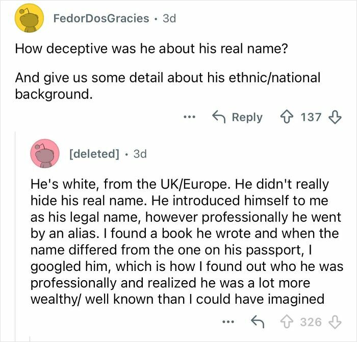 Reddit conversation discussing dating experiences with a billionaire 20 years older, revealing lifestyle and identity details.