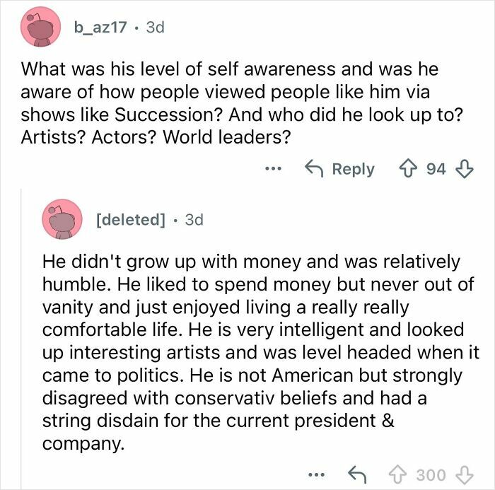 Screenshot of a Reddit conversation discussing the lifestyle and personality of a billionaire dated by a woman 20 years younger.