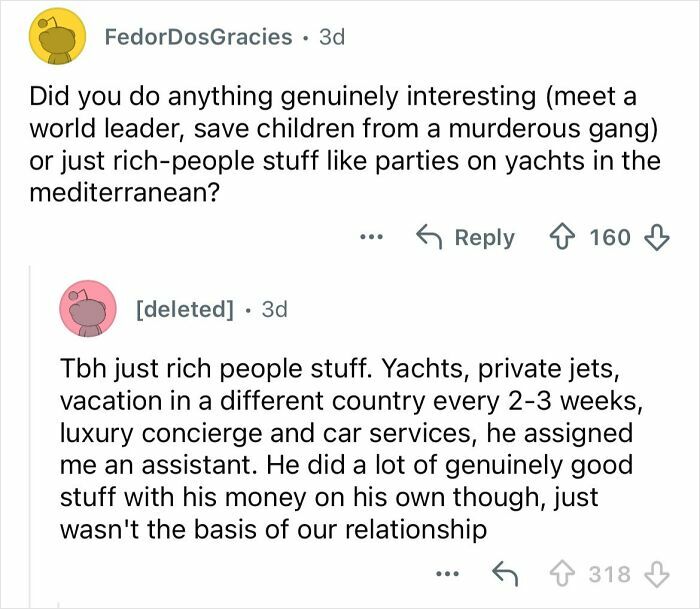 Screenshot of a Reddit conversation discussing the lifestyle and experiences of dating a billionaire with luxury travel and services.