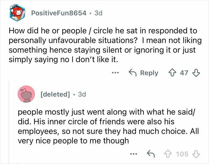 Screenshot of a Reddit conversation about the lifestyle and experiences dating a billionaire 20 years older.