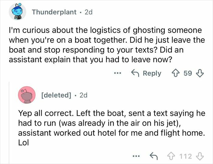 Screenshot of a social media conversation discussing the lifestyle and ghosting experience dating a billionaire older man.