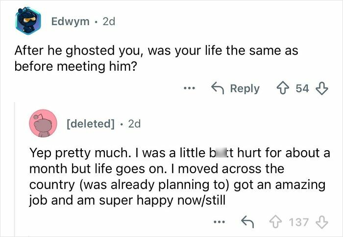 Reddit conversation showing a woman describing her life after dating a billionaire 20 years older and being ghosted.