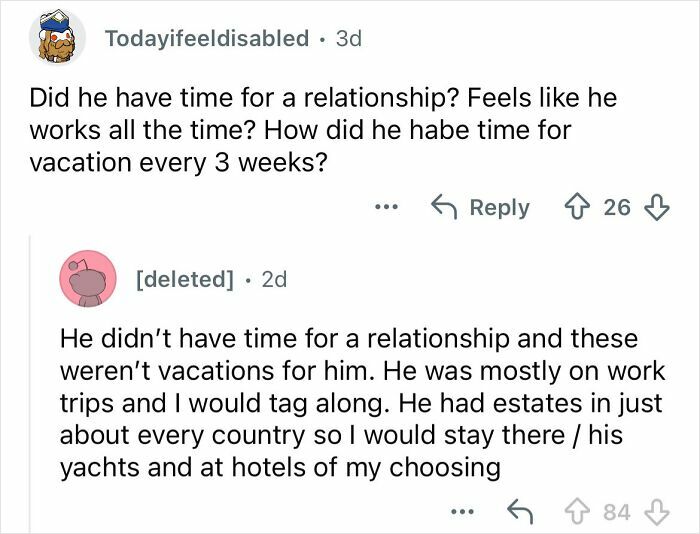 Woman describes the lifestyle and challenges of dating a billionaire 20 years older during work trips and luxury stays.