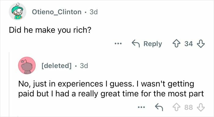 Screenshot of a social media conversation about dating a billionaire and the lifestyle being crazy but rewarding in experiences.